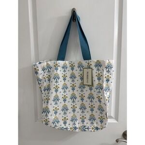 Morris & Co Floral Cotton Canvas Tote Bag Blue Yellow Botanical Print Snap Close
